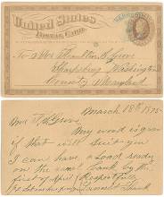 Image of postcard with text "United States Post Card"  - Postage 1 cent, circa 1875