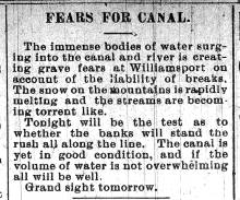 News article in Hagerstown Mail, 1897 - "Fears For Canal."