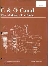 Cover page of C&O Canal; The Making of a Park; sketch image of brick around canal with a house in the background