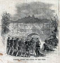 Sketch by Theodore R. Davis, Harper's Weekly, 1862 of troops passing under the Canal at Hancock