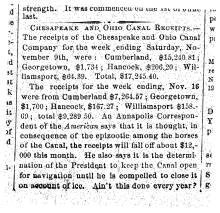 Article in Herald of Freedom & Torch Light, 1872 "Chesapeake and Ohio Canal Receipts."