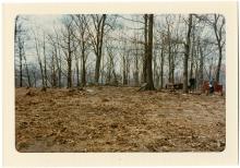 Photo of trees on hill in winter month; 2 people walking through debris near hill