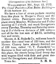News ad in Herald of Freedom & Torch Light, 1852 - "Correspondence of the Baltimore Sun."
