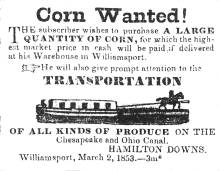 News ad in Herald of Freedom & Torch Light, 1853 - "Corn Wanted!"