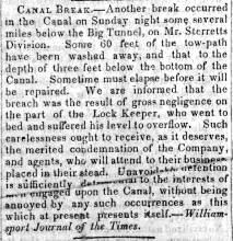 News article in Herald of Freedom & Torch Light, 1854 - "Canal Break."