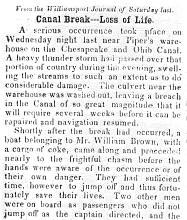 News article in Herald of Freedom & Torch Light, 1855 - "Canal Break -- Loss of Life."
