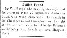 News article in Herald of Freedom & Torch Light, 1855 - "Bodies Found."