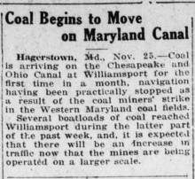 News article in Harrisburg Telegraph, 1919 - "Coal Begins to Move on Maryland Canal"