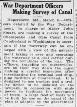 News article in Harrisburg Telegraph, 1918 - "War Department Officers Making Survey of Canal"