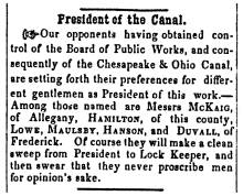News article in Herald of Freedom & Torch Light, 1856 - "President of the Canal."