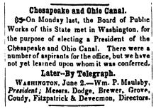 News article in Herald of Freedom & Torch Light, 1856 - "Chesapeake and Ohio Canal." on new president of C&O Canal