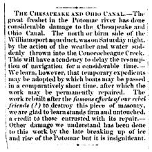 News article in Herald and Torch Light, 1865 - "The Chesapeake and Ohio Canal." about damage on canal