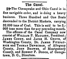 News article in Herald of Freedom & Torch Light, 1856 - "The Canal." about monthly coal shipment