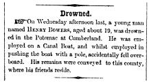 News article in Herald of Freedom & Torch Light, 1856 - "Drowned."