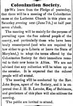 News ad in Herald of Freedom, 1851 - "Colonization Society."