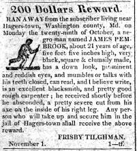 Ad in Herald of Freedom, 1827 (drawing of person running with long stick) - "200 Dollars Reward." by Frisby Tilghman