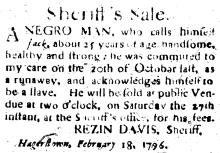 Ad in Washington Spy, 1796 - "Sheriff's Sale." A Negro man