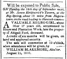 Ad in Maryland Herald, 1810 - Will be exposed to Public Sale...