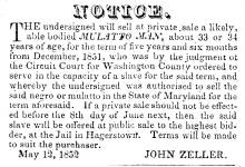 Notice in Herald of Freedom & Torch Light, 1850 about sale of mulatto man