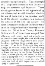 News article in Herald of Freedom & Torch Light, 1853 - "A Telegraph to Chambersburg"