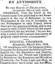 News article in Herald Mail, 1834 - "By Authority." By the House of Delegates