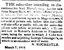 Ad in Maryland Herald and Hagerstown Advertiser, 1808 - THE subscriber intending to discontinue...