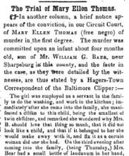 News article in Herald of Freedom & Torch Light, 1853 - "The Trial of Mary Ellen Thomas"
