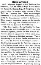 Ad in Herald of Freedom & Torch Light, 1854 - "Slaves Arrested."
