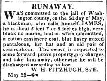 Ad in Hagerstown Mail, 1835 - "RUNAWAY." by W.H. Fitzhugh, Sh'ff