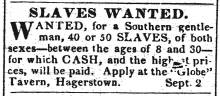 News ad in Hagerstown Mail, 1836 - "Slaves Wanted"