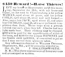 Ad in Herald of Freedom & Torch Light, 1854 - "$150 REWARD! -Horse Thieves!" by J. Hollinsworth