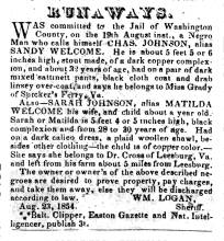 Ad in Herald of Freedom & Torch Light, 1854 - "Runaways" (Chas Johnson) - WM. Logan, Sheriff
