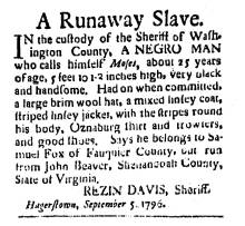 Ad in Washington Spy, 1796 - "A Runaway Slave." by REZIN DAVIS, Sheriff, Hagerstown