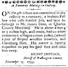 Ad in Washington Spy, 1793 - "A Runaway Mulatto in Custody." by HENRY SHRYOCK, Sheriff of Washington Co