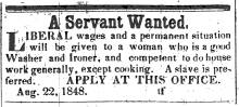 News ad in Herald of Freedom, 1848 - "A Servant Wanted"
