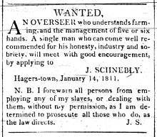 Ad in Morning Herald, 1811 - "Wanted, An Overseer"