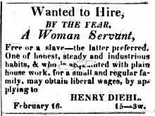 News ad in Torch Light, 1819 - "Wanted to Hire, by the Year, A Woman Servant"