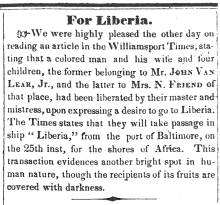 News article in Herald of Freedom, 1846 - "For Liberia."