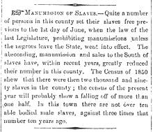 Notice in Herald of Freedom & Torch Light, 1860 - "Manumission of Slaves."