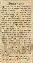 Ad in The Advocate, Cumberland, 1833 - "Runaways." MOSES RAWLINGS, Sheriff Of Allegany county