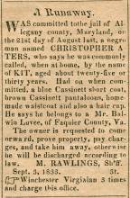 Ad in The Advocate, Cumberland, 1833 - "A Runaway." CHRISTOPHER ATERS by M. RAWLINGS, Sh'ff