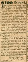 Ad in The Advocate, Cumberland, 1833 - "$100 Reward." by Moses Rawlings, Sheriff of Allegany Co.