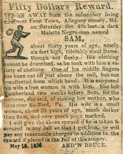 Ad in The Advocate, Cumberland, 1833 - "Fifty Dollars Reward."