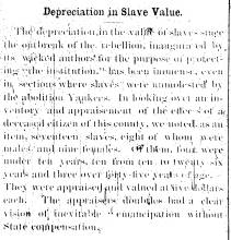Notice in Herald & Torch Light, 1864 - "Depreciation in Slave Value."