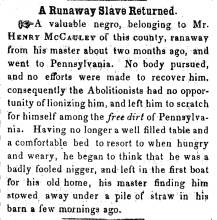 Ad in Herald of Freedom & Torch Light, 1855 - "A Runaway Slave Returned." 