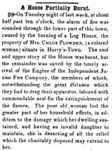 News article in Herald of Freedom & Torch Light, 1855 - "A House Partially Burnt."