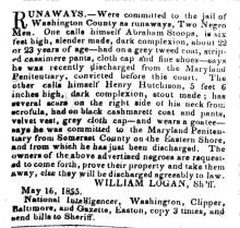 Ad in Herald of Freedom & Torch Light, 1855 - "RUNAWAYS." - WILLIAM LOGAN, Sh'ff