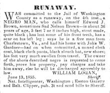 Ad in Herald of Freedom & Torch Light, 1855 - "RUNAWAY." by WILLIAM LOGAN, Sheriff