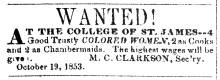 News ad in Herald of Freedom & Torch Light, 1853 - "Wanted!" At the College of St. James