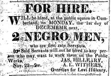 Advertisement from Cumberland Alleganian, "Fire Hire, 2 Negro Men"